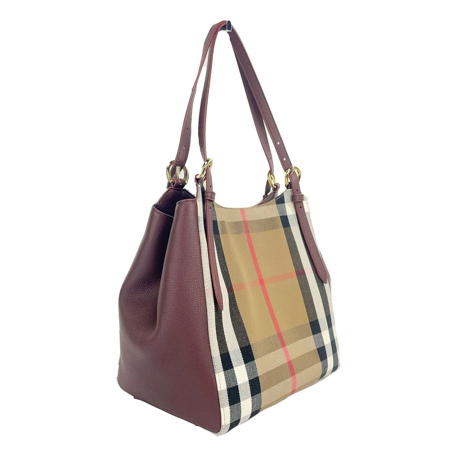 Burberry Small Canterby Mahogany Leather Check Canvas Tote Bag Purse