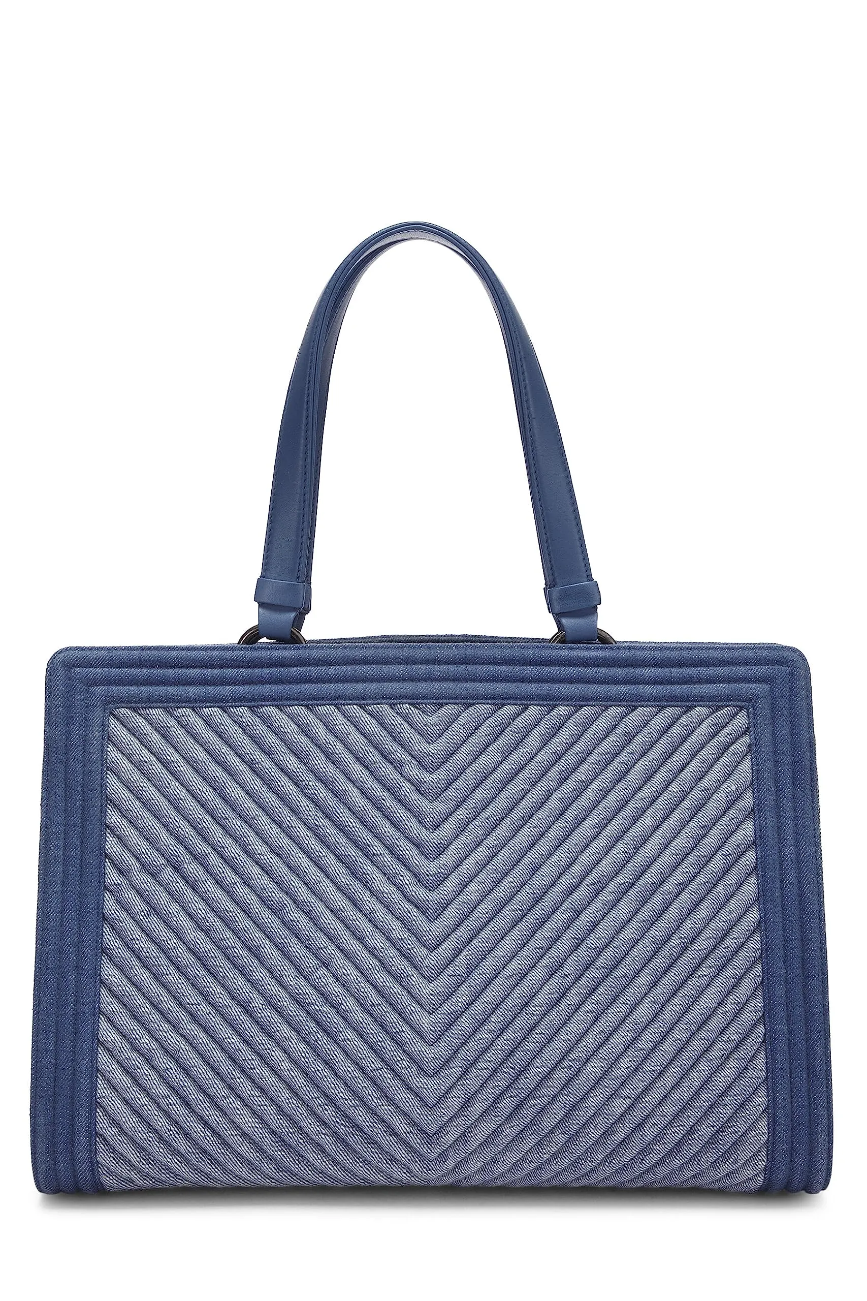 Chanel,  Blue Denim Chevron Boy Shopping Tote Large, Blue