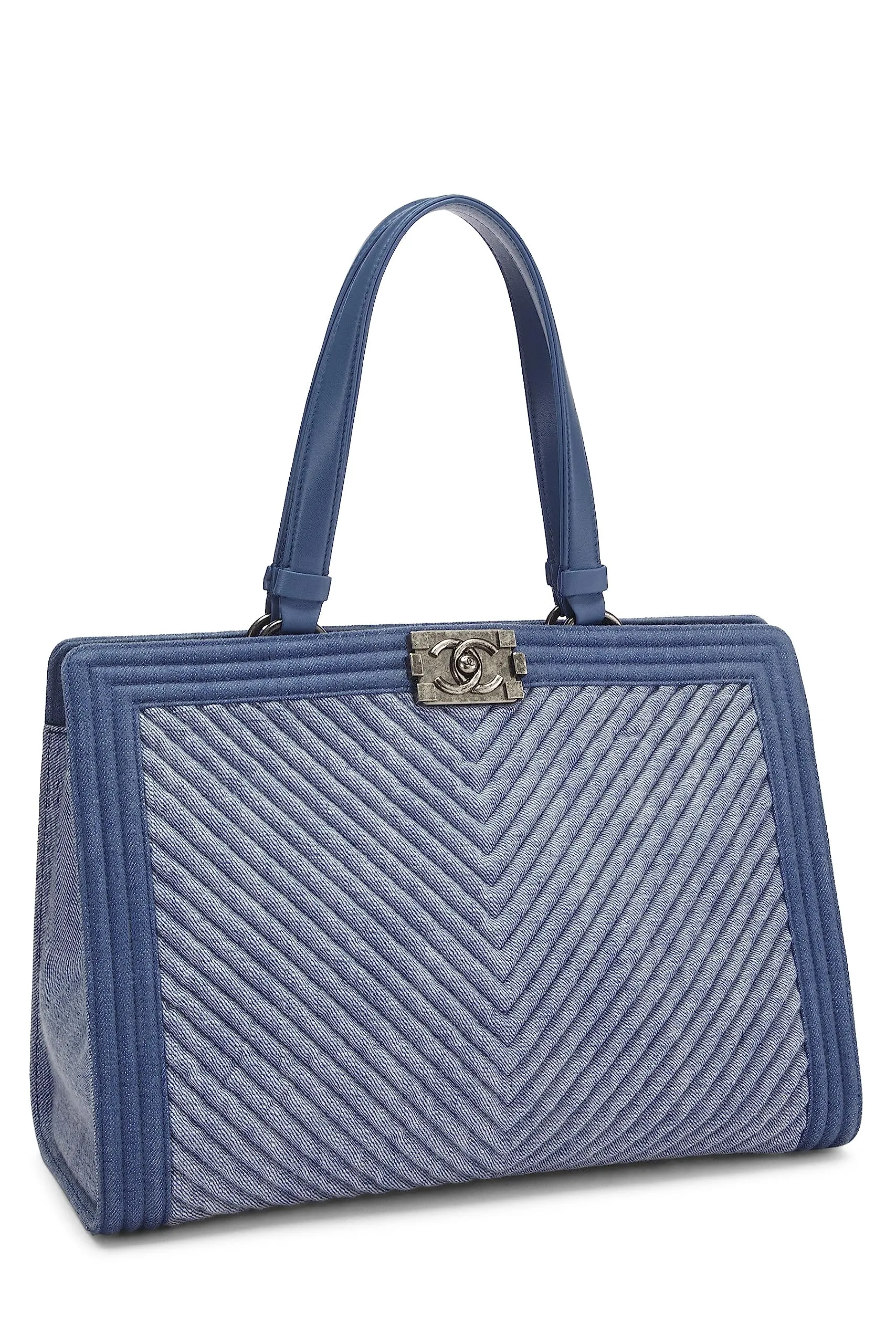 Chanel,  Blue Denim Chevron Boy Shopping Tote Large, Blue