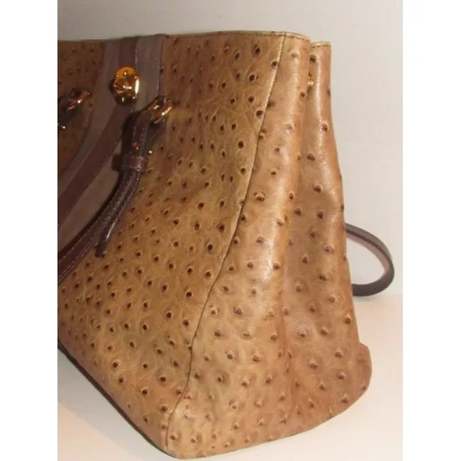 Furla, two handle, tote bag made of a fabulous, brown ostrich embossed leather and suede striped center in shades of burgundy