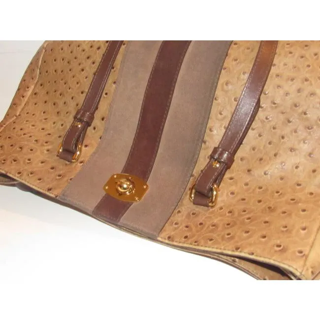 Furla, two handle, tote bag made of a fabulous, brown ostrich embossed leather and suede striped center in shades of burgundy