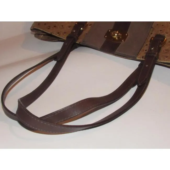 Furla, two handle, tote bag made of a fabulous, brown ostrich embossed leather and suede striped center in shades of burgundy