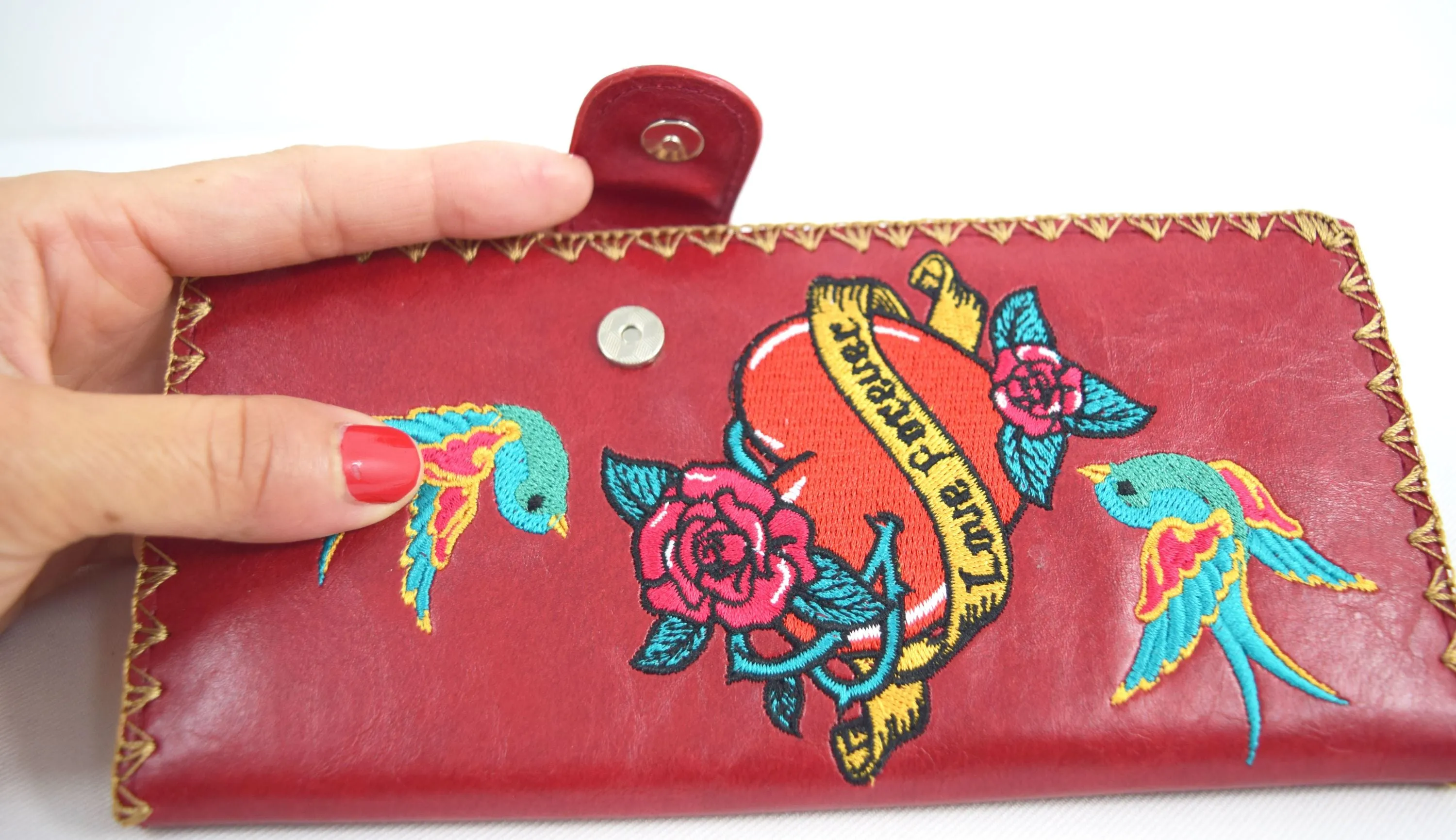 Lavishy Tattoo Art love forever Sparrow birds embroidered Large flat wallet