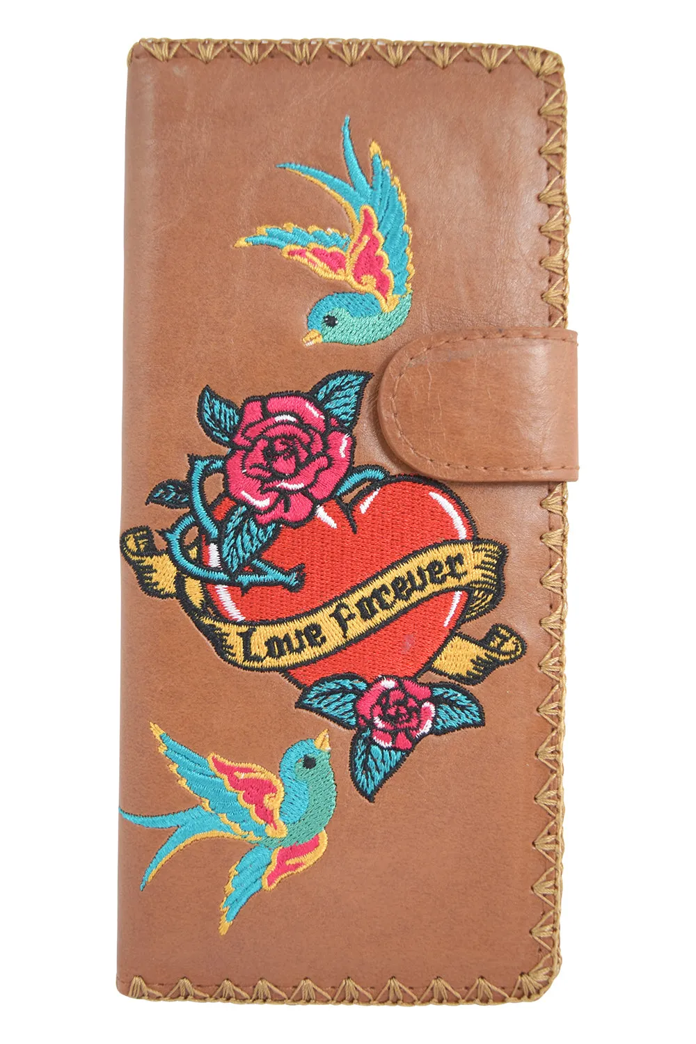 Lavishy Tattoo Art love forever Sparrow birds embroidered Large flat wallet